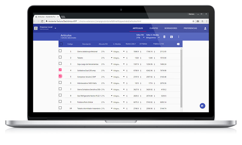 lista de precios factura electronica AFIP